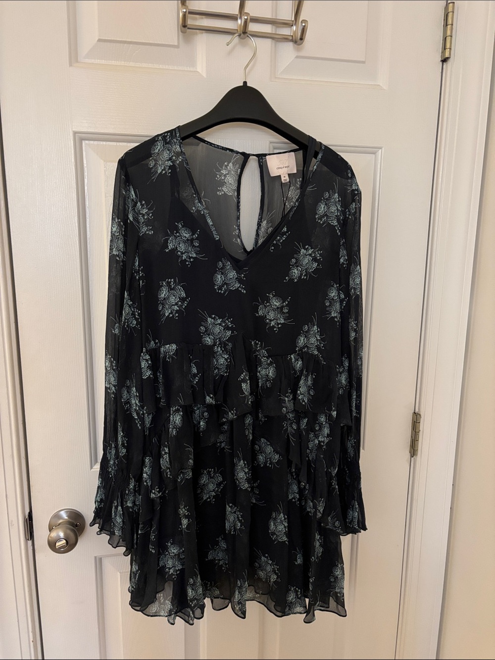 cinq à sept Black Dress with Blue Floral Print, Long gather sleeves w/under slip